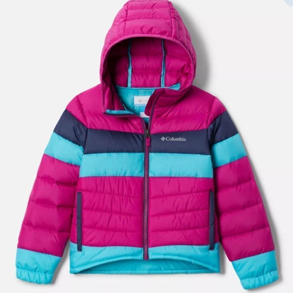 Columbia Tumble Rock down puffer striped magenta, teal and navy coat size large